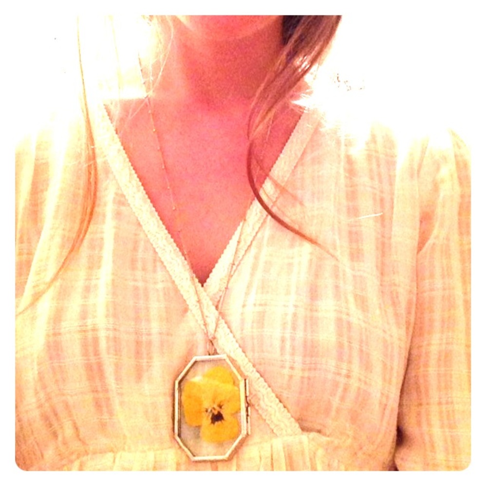 Spring pansy floral botanical terrarium necklace.